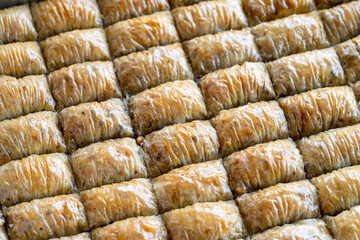 Walnut baklava. Horizontal view. Turkish cuisine flavor baklava