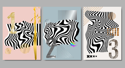 Fototapeta na wymiar Vector illustration. Set of abstract posters with waves. Gold, silver and bronze color text with stars. First, second and third place. Design for banner, emblem, logo, poster, banner, album, cover. 
