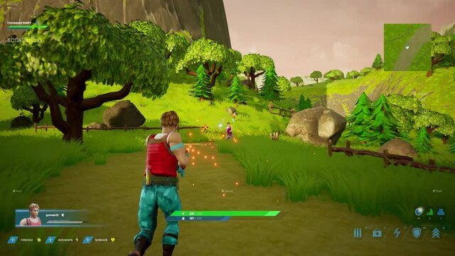 Looped Video Game Mock-up Concept: Game play 3D Third Person Shooter Online Multiplayer Battle Royale. Fun Tactical with Hero Characters Running, Fighting, Shooting Guns. Playing on Championship