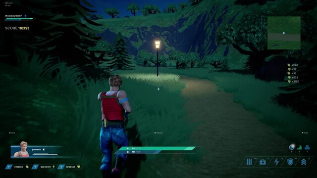 Night Video Game Mock-up: Gameplay 3D FPS Shooter Online Multiplayer Battle Royale. Fun Arcade Hero Characters Running, Fighting, Shooting Guns. Championship Match Ends with Winner Celebrating Victory