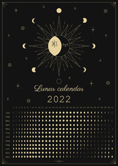 2022 Moon calendar. Astrological calendar design. Moon phase cycle. Modern boho moon calendar poster template design. Lunar phases schedule and cycles. Vector vintage illustration. Editable A3, A4, A5