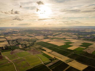 Drohnen Luftaufnahme der Weinberge am Roten Hang bei Nierstein und Oppenheim im Sommer beim Sonnenuntergang, Rheinland-Pfalz Deutschland