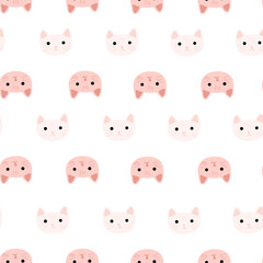 Kitty pattern seamless in freehand style. Head animals on colorful background. Vector illustration for textile.