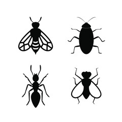 Vector set of insects icon isolated on white background. ant, fly, cockroach, bee, wasp silhouette. design element