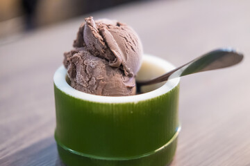 A bowl of chocolate ice cream
