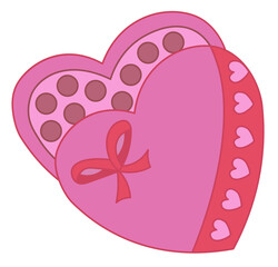 Vector drawing of an open pink heart-shaped box with chocolate candy inside. Romantic cartoon illustration for Valentine's Day.