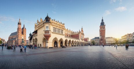 Fototapeta na wymiar Panoramic view of Main Market Square with St. Mary's Basilica, Cloth Hall and Town Hall Tower - Krakow, Poland