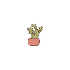 opuntia cactus houseplant. Indoor potted plant vector outline doodle illustration.
