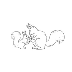 squirrels mom and baby with acorn. Cartoon outline sketch black white illustration of cute animal character.