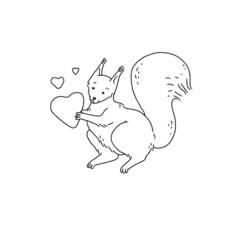 squirrel with hearts. Cartoon outline sketch black white illustration of cute animal character.