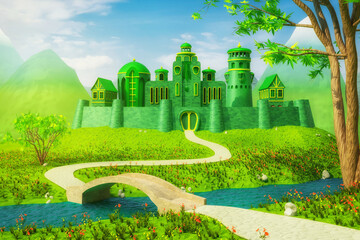 Emerald Town with bridge across the river - 3d rendering - obrazy, fototapety, plakaty