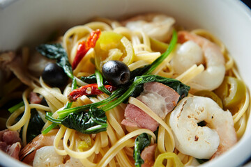 Shrimp seafood pasta on a plate 