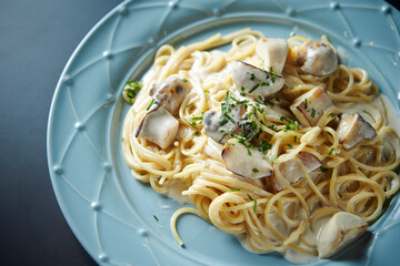 Mushroom Cream Sauce Pasta on Plate