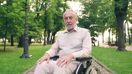 Wheelchair user looking at camera, disability rights movement, chronic disease