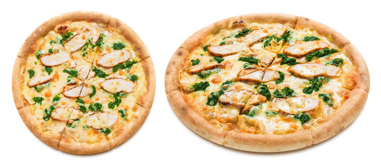 Delicious pizza with chicken fillet, mozarella, garlic sauce and spinach,  isolated on white background