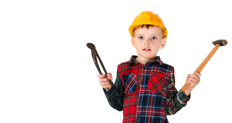 Construction worker in yellow helmet with hammer  and pliers on white background