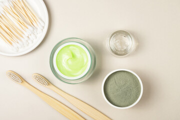 Natural cosmetics for healthy skin and face. Flat style. Face mask, aloe gel, cosmetic clay.