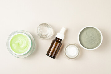 Natural cosmetics for healthy skin and face. Flat style. Face mask, aloe gel, cosmetic clay, essential oil.