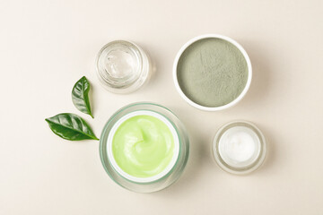 Natural cosmetics for healthy skin and face. Flat style. Face mask, aloe gel, cosmetic clay.