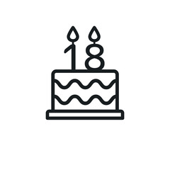 Birthday cake lined icon with candle number 18. Vector.