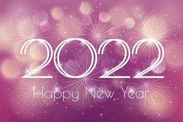 Happy New Year 2022 Card with blue fireworks glowing fire on blurred blue purple background. Poster, greeting card, banner or invitation. Vector illustration EPS 10