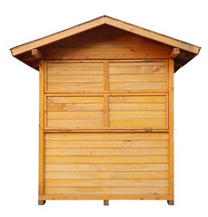 Wooden shed stall market stand or log cabin house isolated on white background. Object made of wood for selling stock