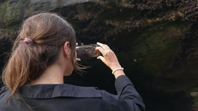 The girl shoots a video on her phone with a large black cave from which bats fly out in the daytime. A woman with dark hair shoots a colony of bats on the island of Bali in Indonesia. slow motion.