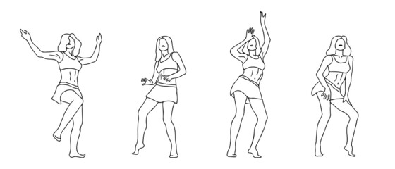 Black outline dancing ladies set. Girls in short skirt dancig in different poses. The figures of women ink hand drawn style vector illustrations.