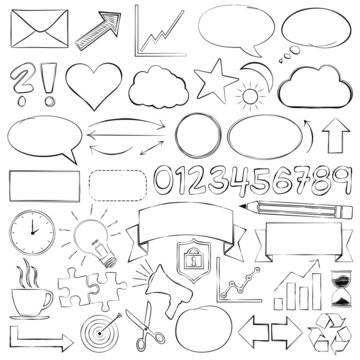 hand-drawn icon set, business symbol collection, vector illustration