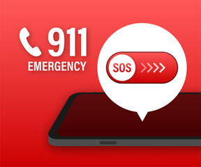 911 smartphone in flat style. Call icon vector. Hand holding smartphone. First aid. Finger touch screen. Vector stock illustration.
