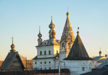 Fototapeta premium Cathedral of Michael Archangel and bell tower at monastery of Michael Archangel in Yuryev-Polsky. Vladimir oblast. Russia