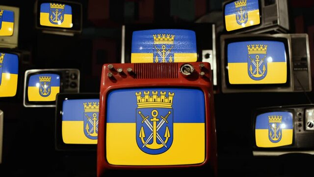 Flag of Solingen, city in North Rhine-Westphalia, Germany, and Vintage Televisions.