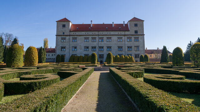 Bucovice, Czech Republic, South Moravian Region – 10.24.2021: Bucovice Castle and its garden
