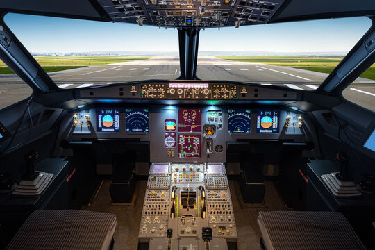 inside a big jet flying plane cockpit, on the way for take off