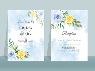 Wedding invitation card with beautiful blue and yellow flowers