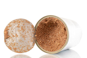 One canned meat for dogs, close-up, isolated on white.