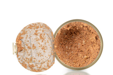 One canned meat for dogs, close-up, isolated on white.