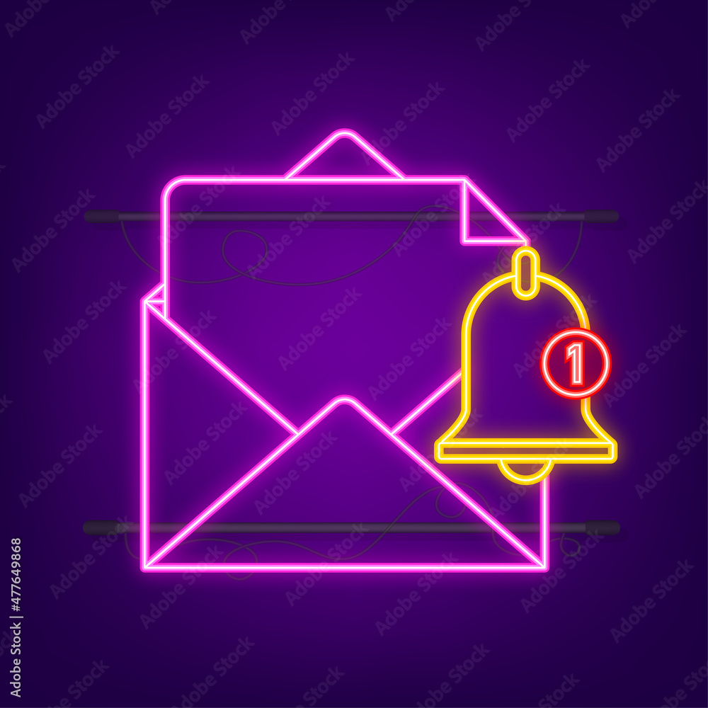 Poster notification bell and envelope icon for incoming inbox message. neon icon. vector illustration.