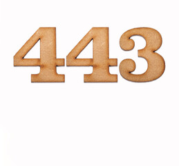 Number 443 in wood, isolated on white background