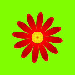 The chamomile flower. Single flower red daisies made of simple geometric shapes on a green background, icon, vector