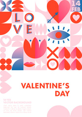 Happy Valentines Day greeting banner template.Romantic vector layout in bauhaus style with geometric elements and symbols.Modern trendy design for banners,invitations,prints,promo offers.