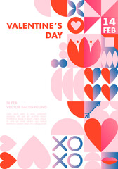 Happy Valentines Day greeting banner template.Romantic vector layout in bauhaus style with geometric elements and symbols.Modern trendy design for banners,invitations,prints,promo offers.