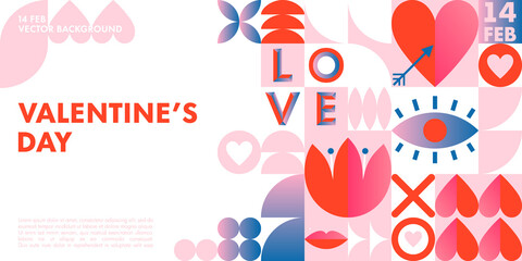 Happy Valentines Day greeting banner template.Romantic vector layout in bauhaus style with geometric elements and symbols.Modern trendy design for banners,invitations,prints,promo offers.