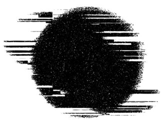 Black circle with glitch effect, pattern. Round shape, pixel noise texture, distortion. Use for overlay, brushes, shading or montage. Isolated, transparent background. Abstract vector illustration.