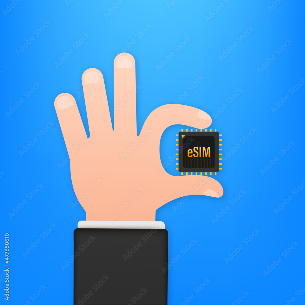 Poster esim embedded sim card with hands icon symbol concept. new chip mobile cellular communication techno