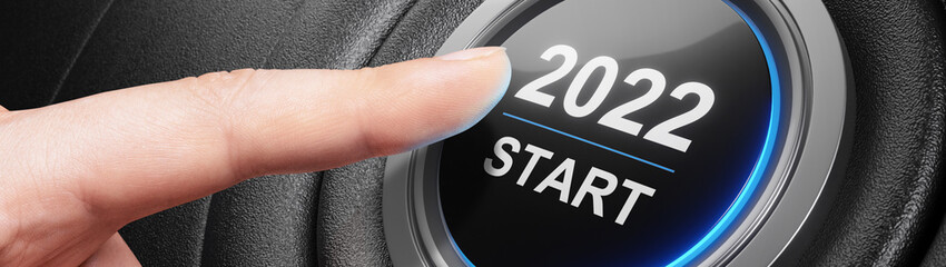Start 2022. Happy New Year button. 3D illustration