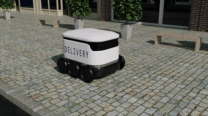 Automated robot delivery moves around city street with an autopilot control. Automatic delivery of purchases, food without human intervention. Artificial intelligence controls robot