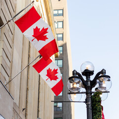 Canadian flags on building in downtown district in Sparks street during Christmas holiday season. Canadian flag