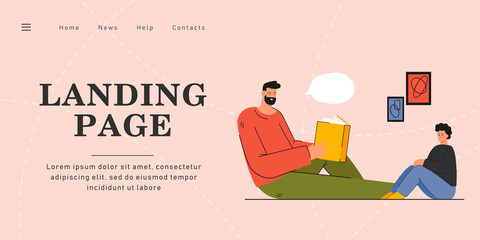 Man reading book to child. Flat vector illustration. Father and son sitting on floor, reading together and talking before bedtime. Family, reading, education concept for banner design or landing page