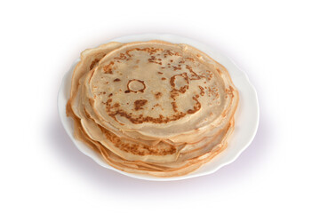 Delicious pancakes on a plate on a white background are ready to eat